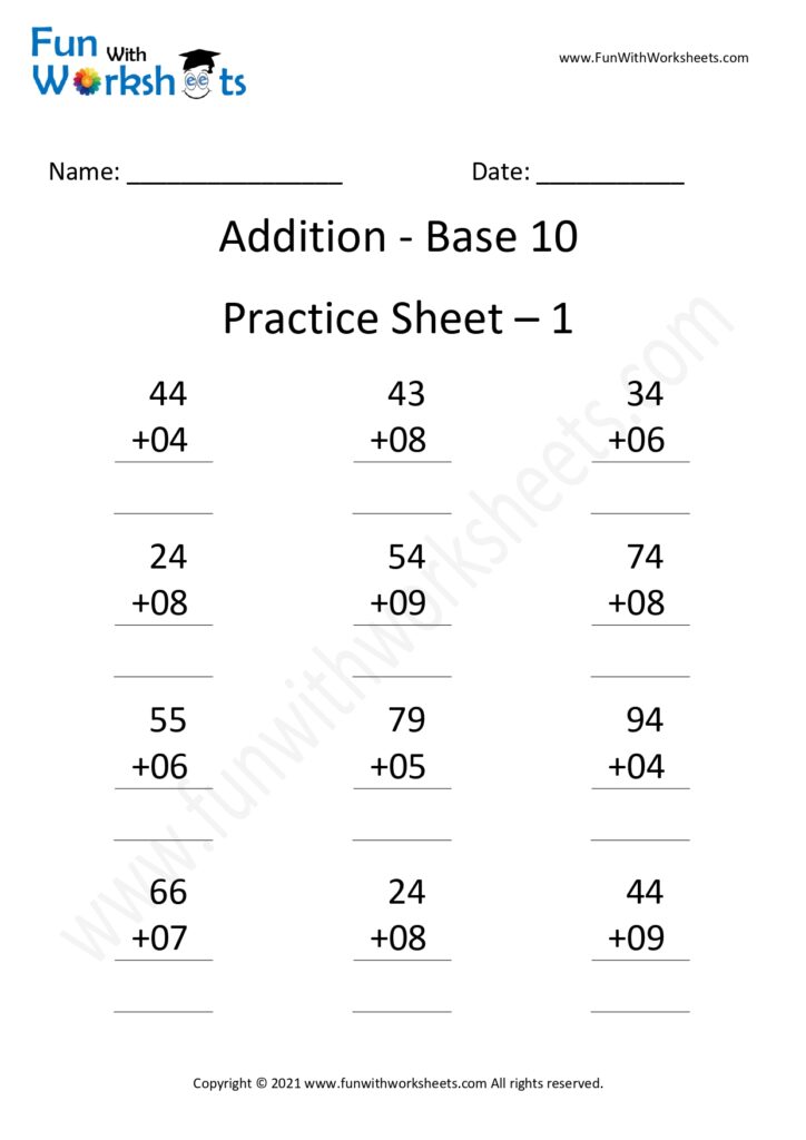 Addition Base 10 Practice Worksheet 1 - free printable worksheets