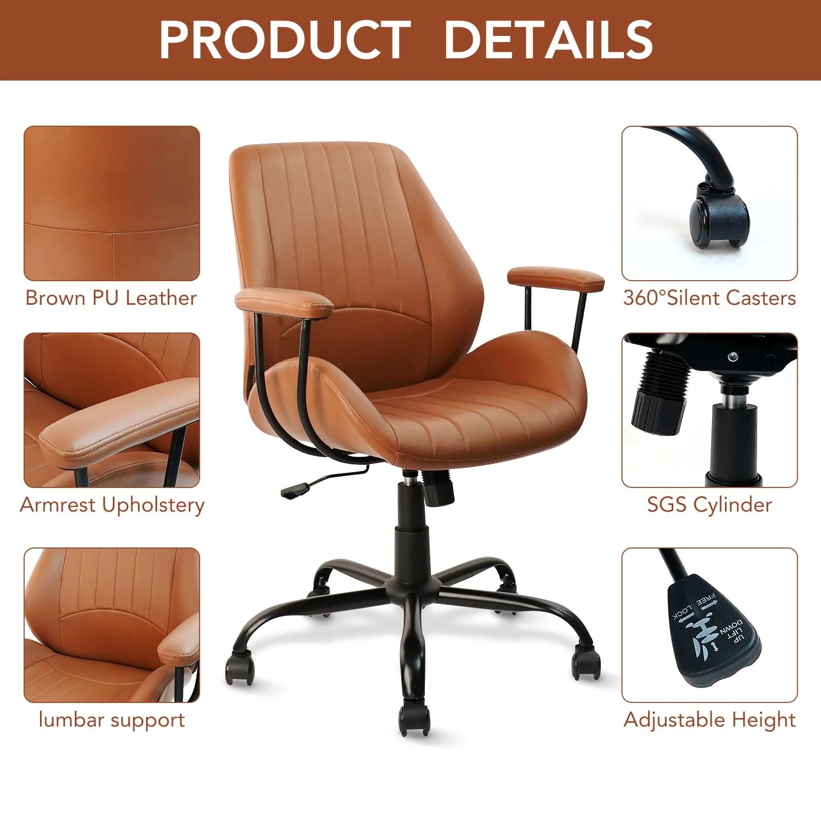 CLATINA Home Office Brown Chair PU Leather Desk Chair with Wheels, Mid