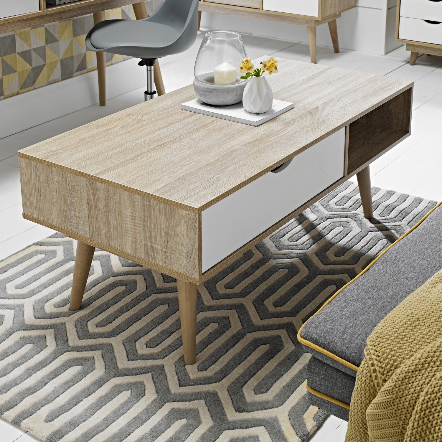 LPD Scandi Oak Effect Coffee Table with White Drawer Furniture123
