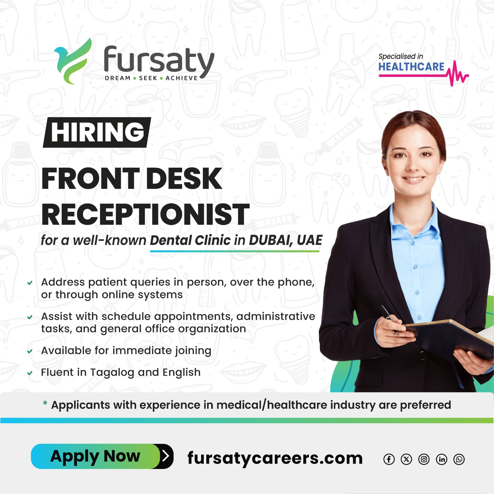Front Desk Receptionist Tagalog speaking (with healthcare experience)
