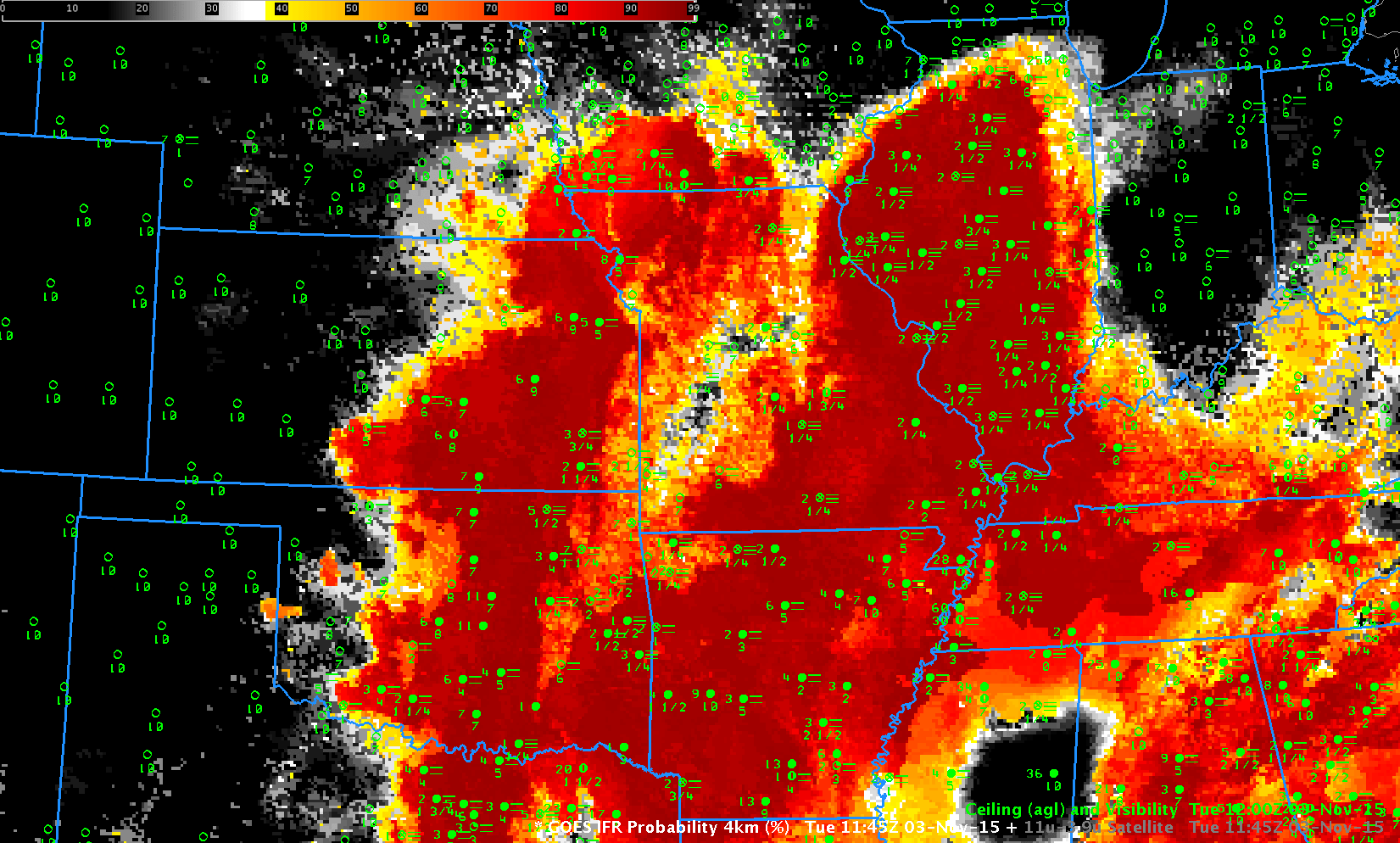 Widespread Fog over the central United States GOESR Fog Product Examples