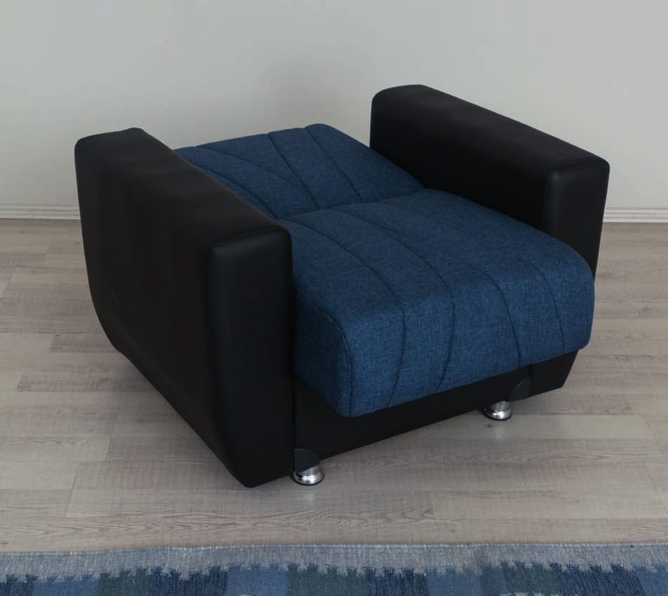 Rana Navy Blue Fabric w/Black PU Leather Sofa Bed at Futonland