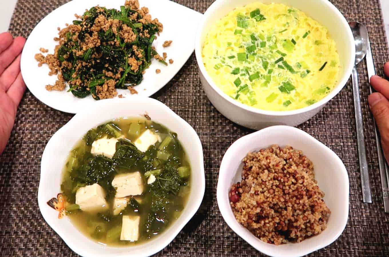 Korean Breakfast Banchan 4 Siraegiguk, Korean Steamed Egg, Spinach