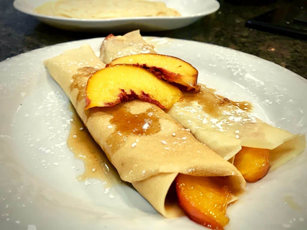 Easy Peach Crepes with Caramel Sauce