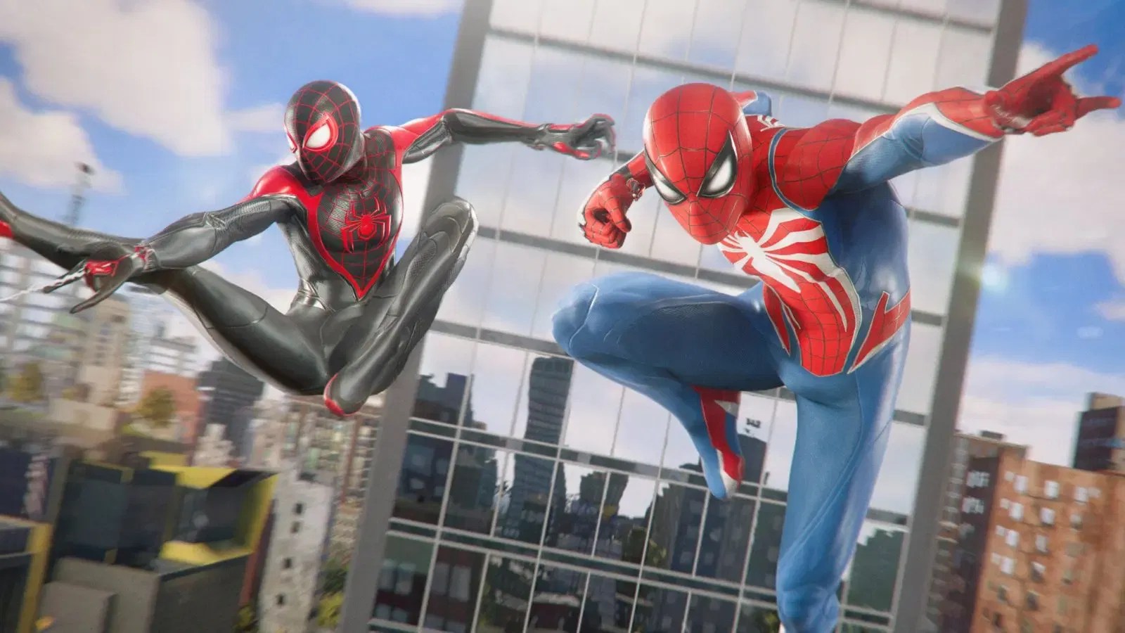 A screenshot from Marvel&rsquo;s Spider-Man 2 featuring Peter Parker and Miles Morales