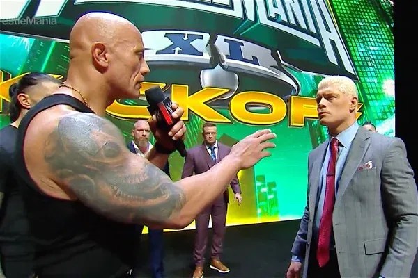 Dwayne Johnson and Cody Rhodes at the WrestleMania 40 Kickoff Show