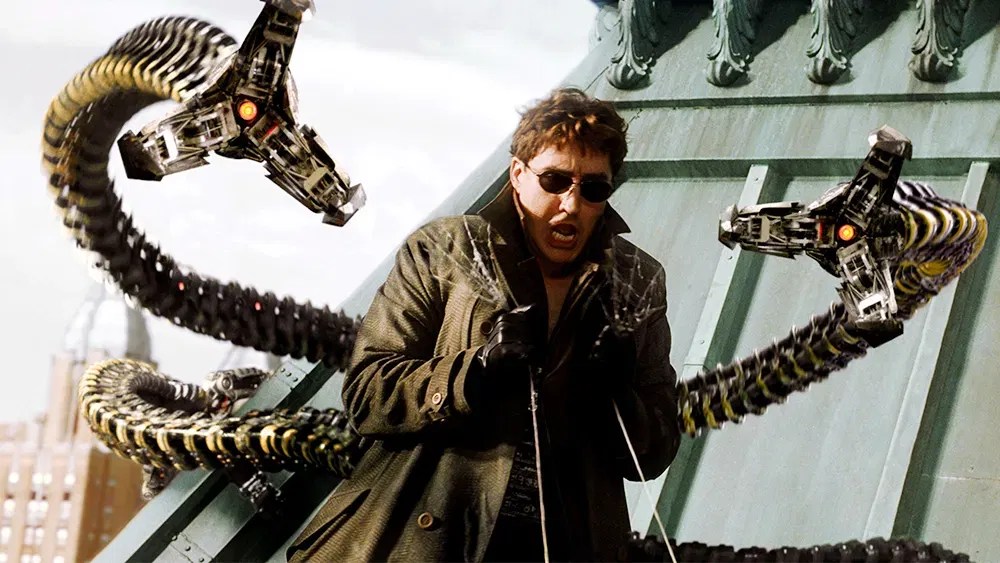 Alfred Molina’s Doctor Octopus fights Spider-Man in an action scene from Spider-Man 2