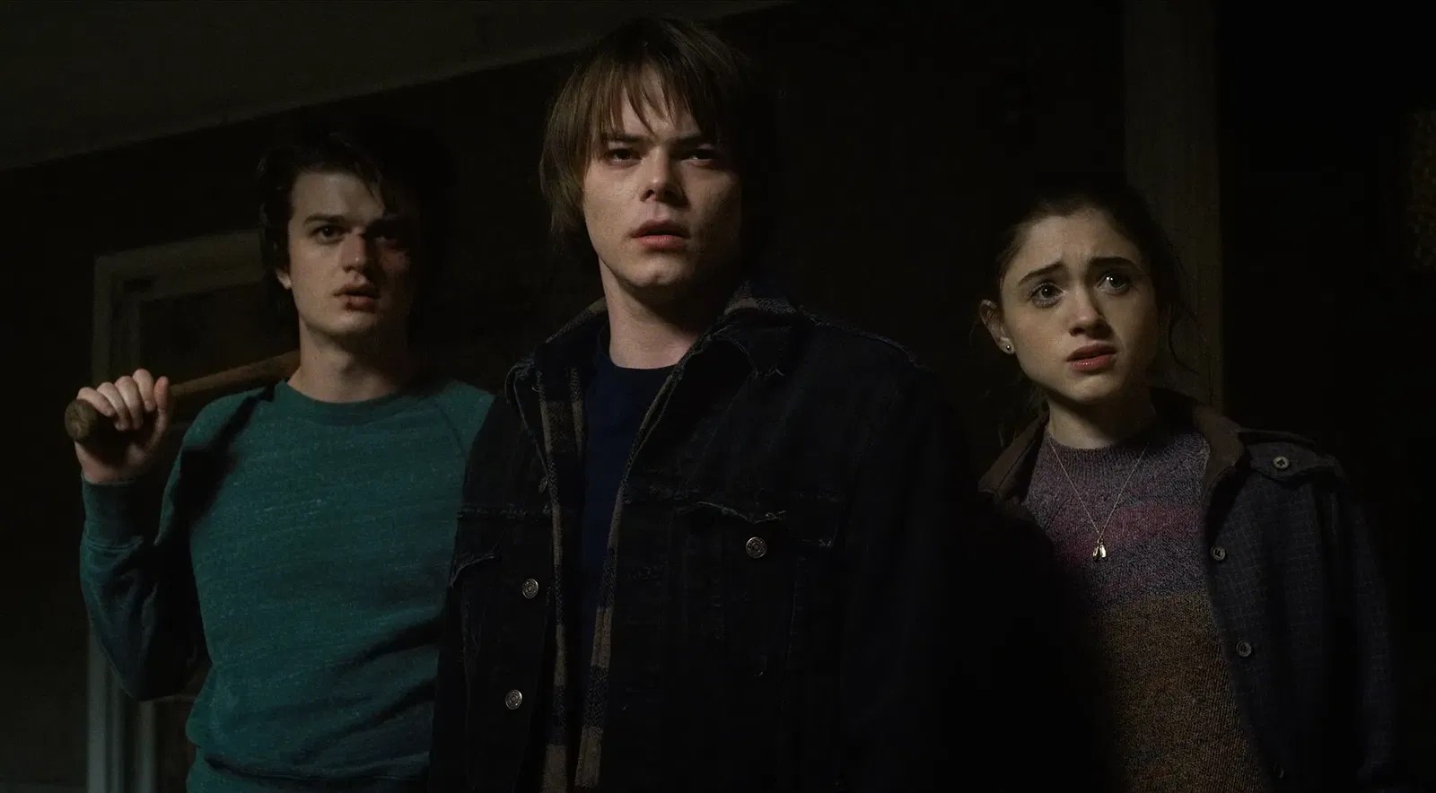 Steve Harrington, Jonathan, and Nancy face a Demogorgon in Stranger Things