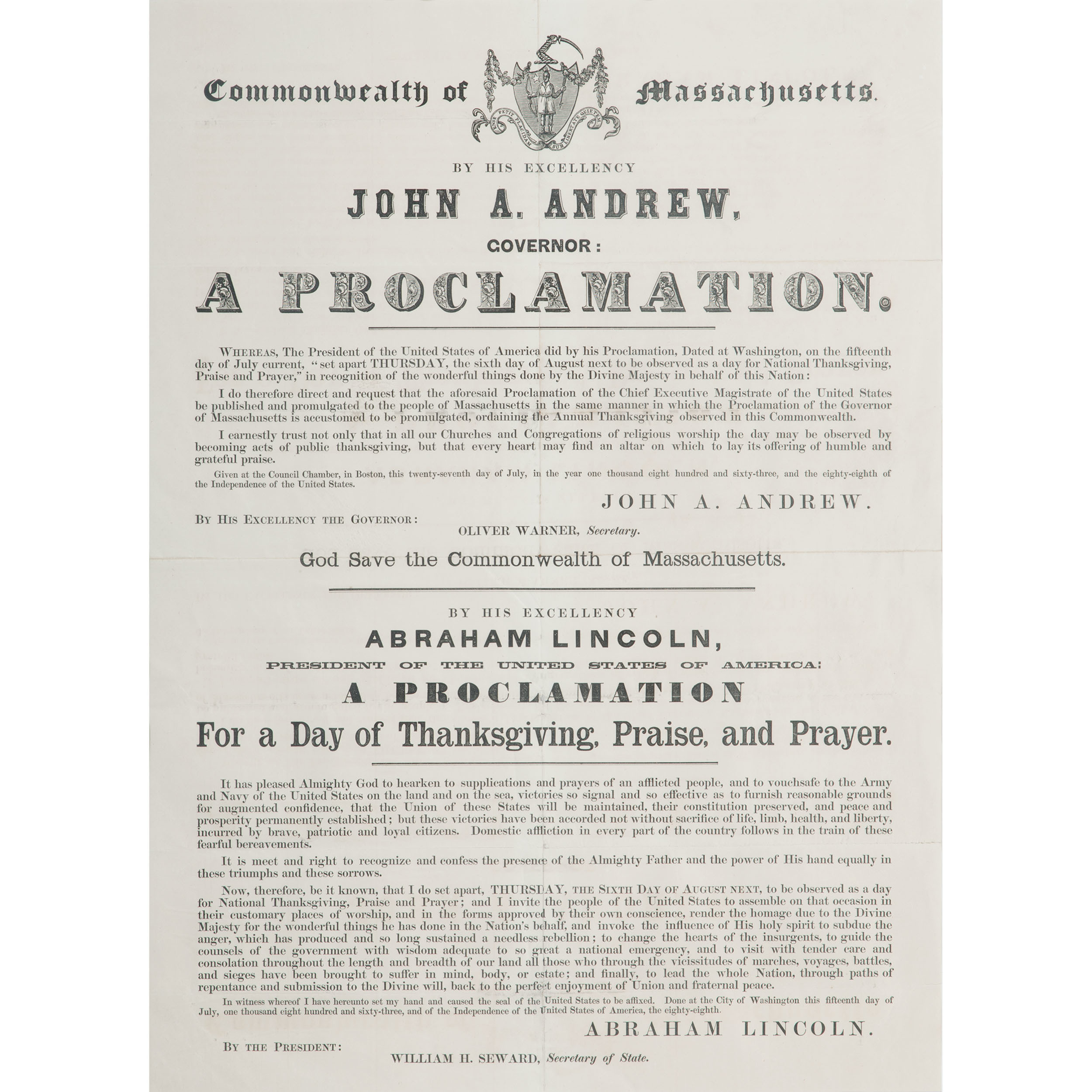 Lincoln's Proclamation of Thanksgiving, 1863 Broadside Cowan's