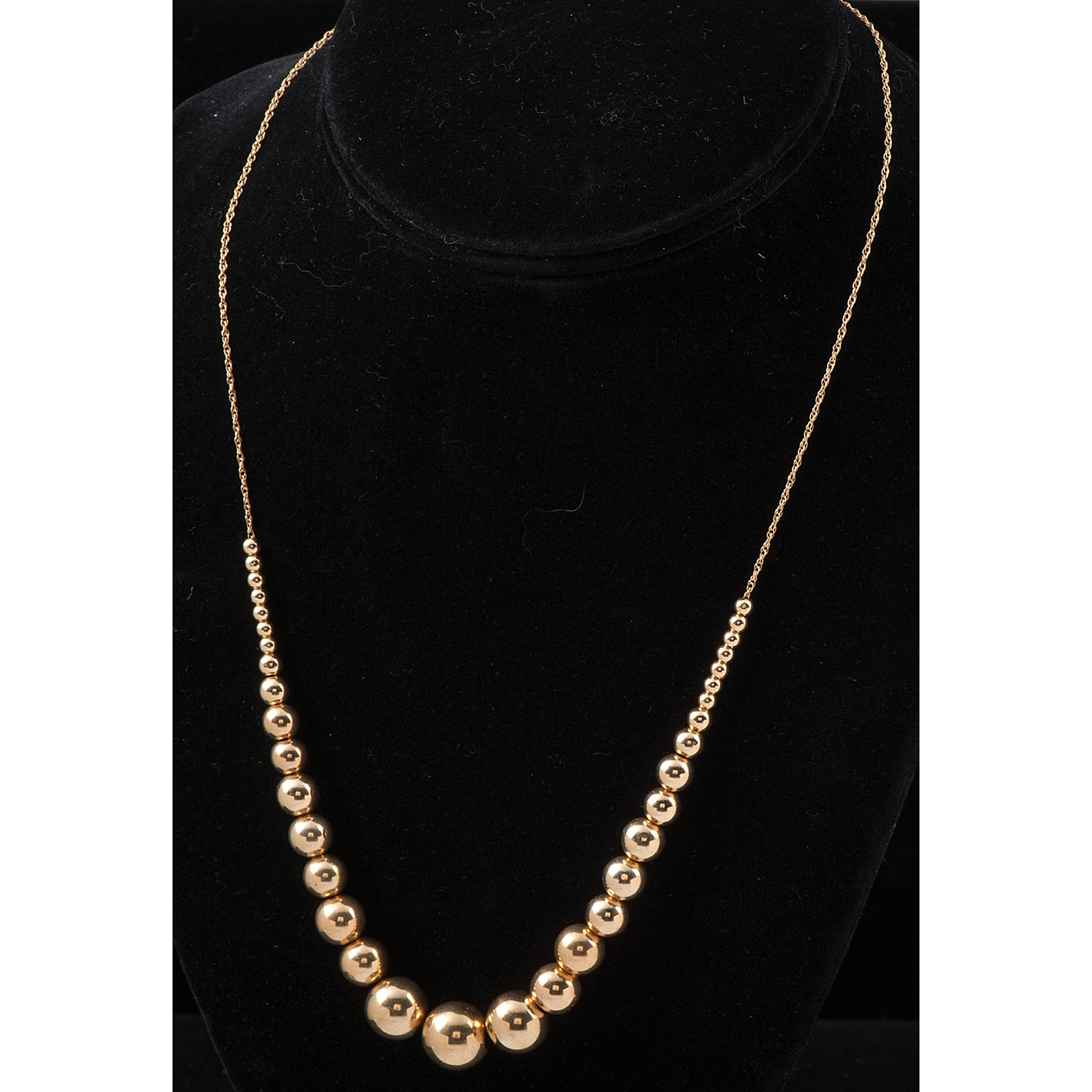 14k Gold Graduated Bead Necklace, Two Pairs of Earrings