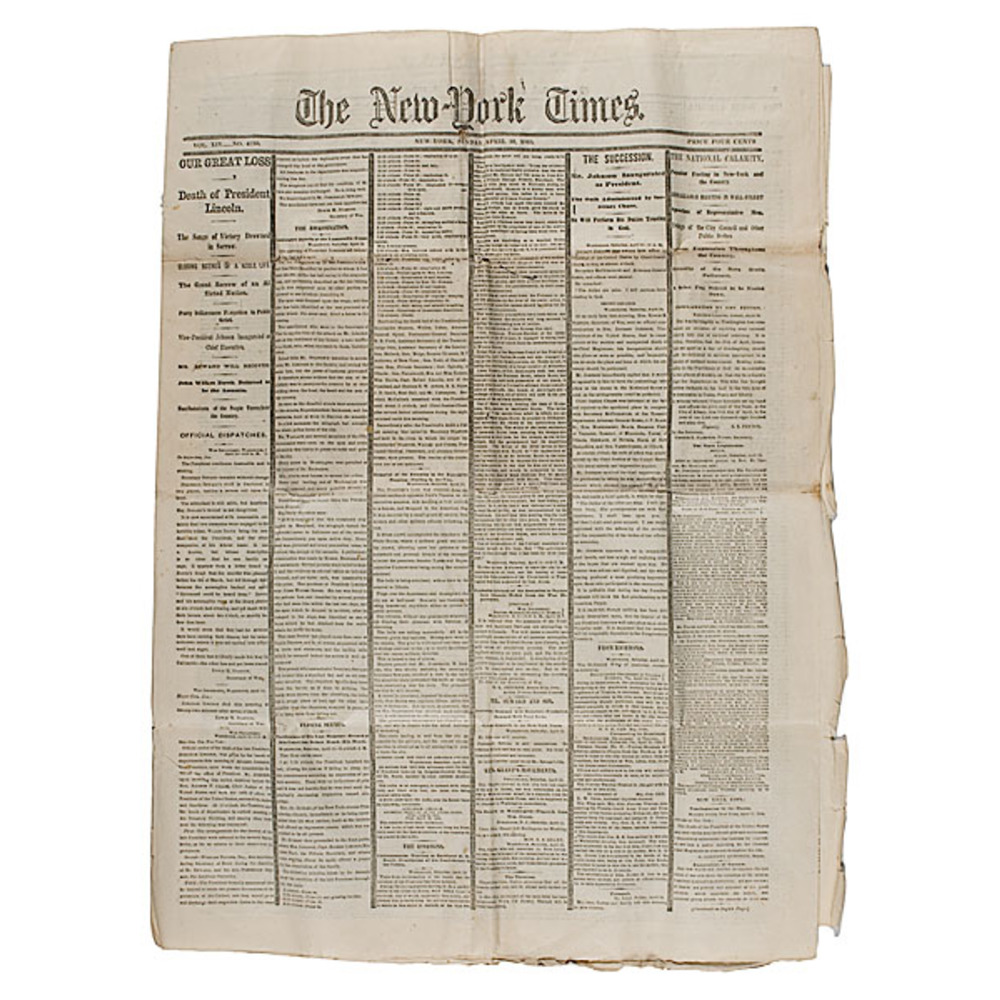 New York Times Lincoln Assassination Newspaper, April 16, 1865 Cowan