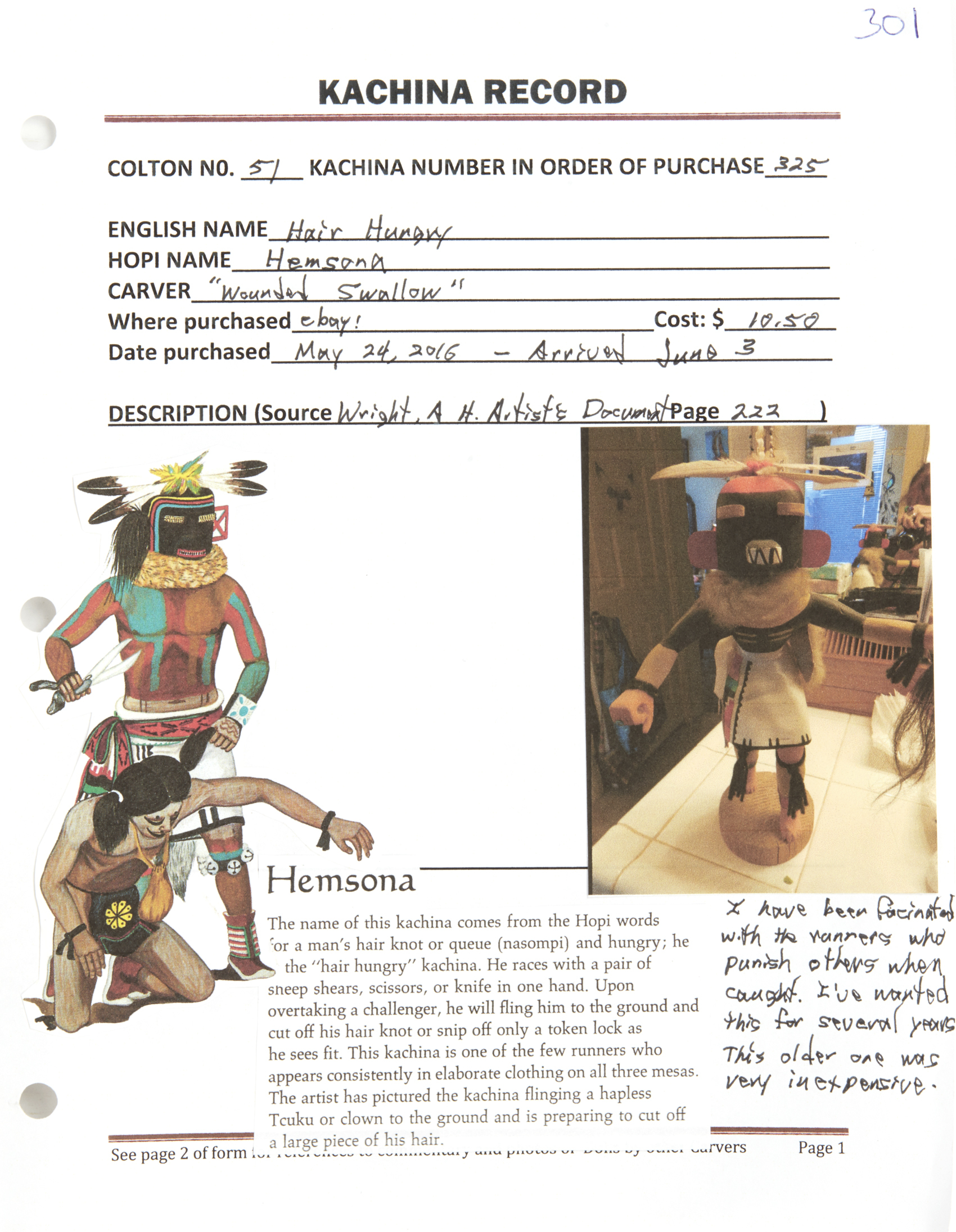 Hopi Hair Hungry Kachina "Hemsana" by Wounded Swallow Witherell's