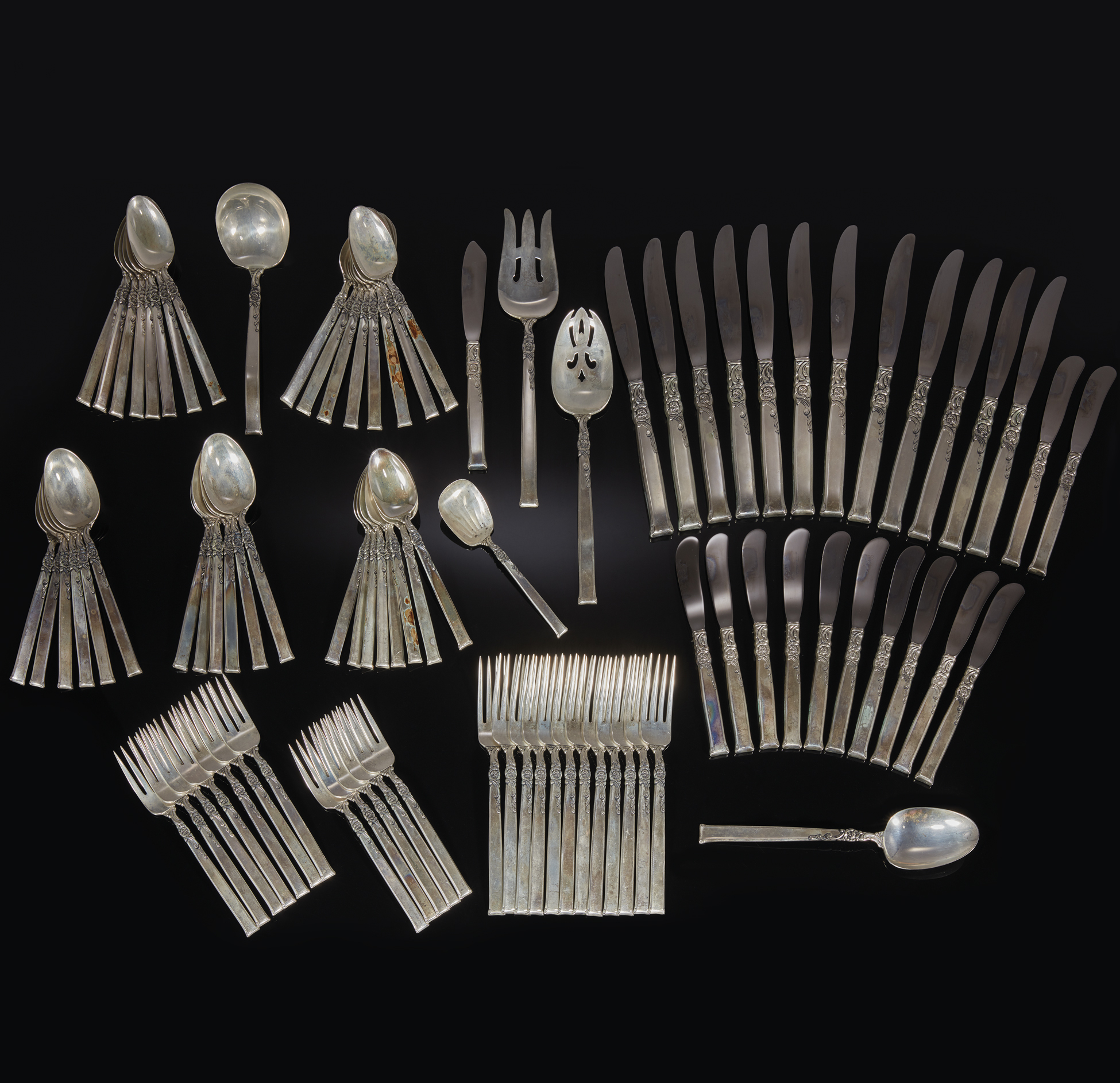 90 Piece Heirloom Sterling Silver Flatware, "Silver Rose", 83 ozt