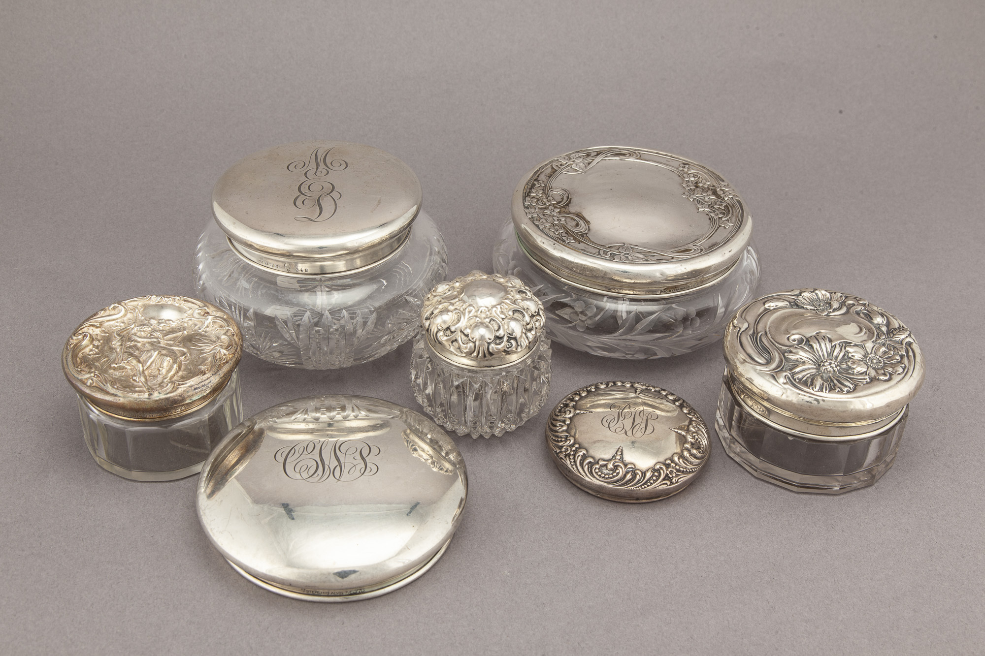 Five Sterling Lidded Glass Dresser Jars Witherell's Auction House