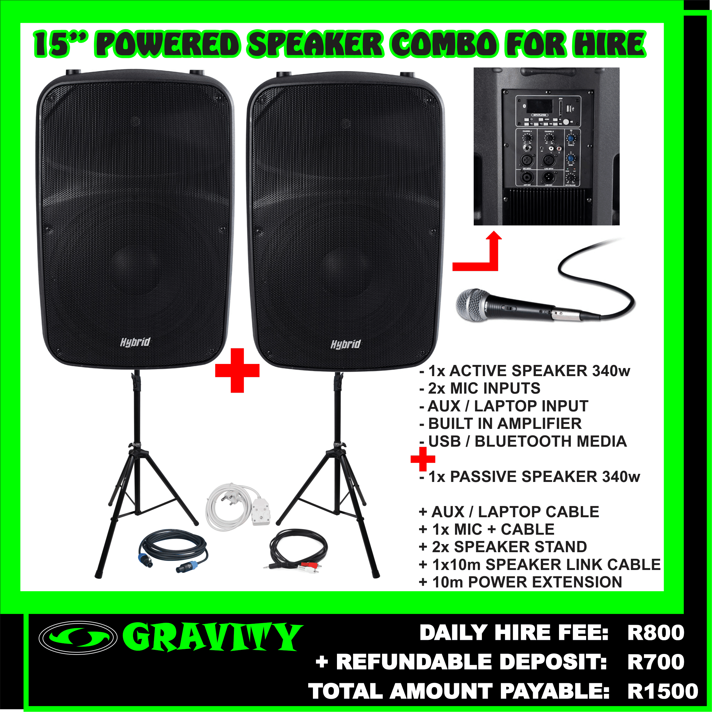 DUAL HYBRID 15inch POWERED SPEAKER COMBO + HANDHELD MIC FOR HIRE