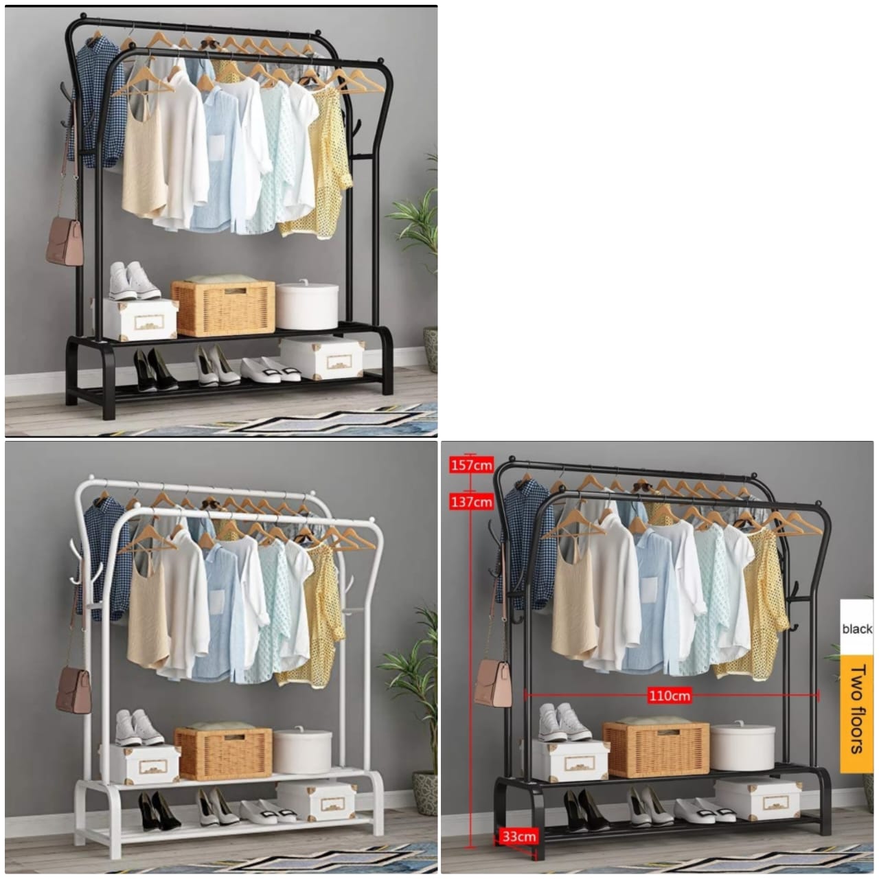 Curved Double Clothes Rack with 2 Bottom Shelf Storage Organizer Space