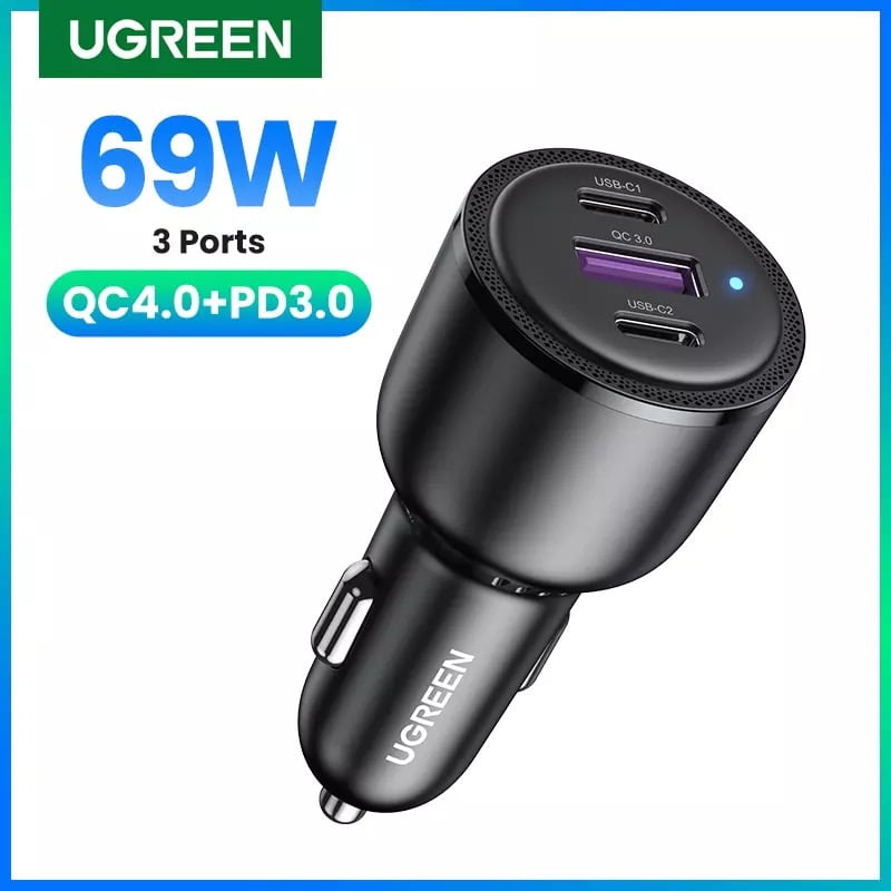 UGREEN Car Chargers 69W QC3.0 Quick Charger 1X USB 2x TypeC Car