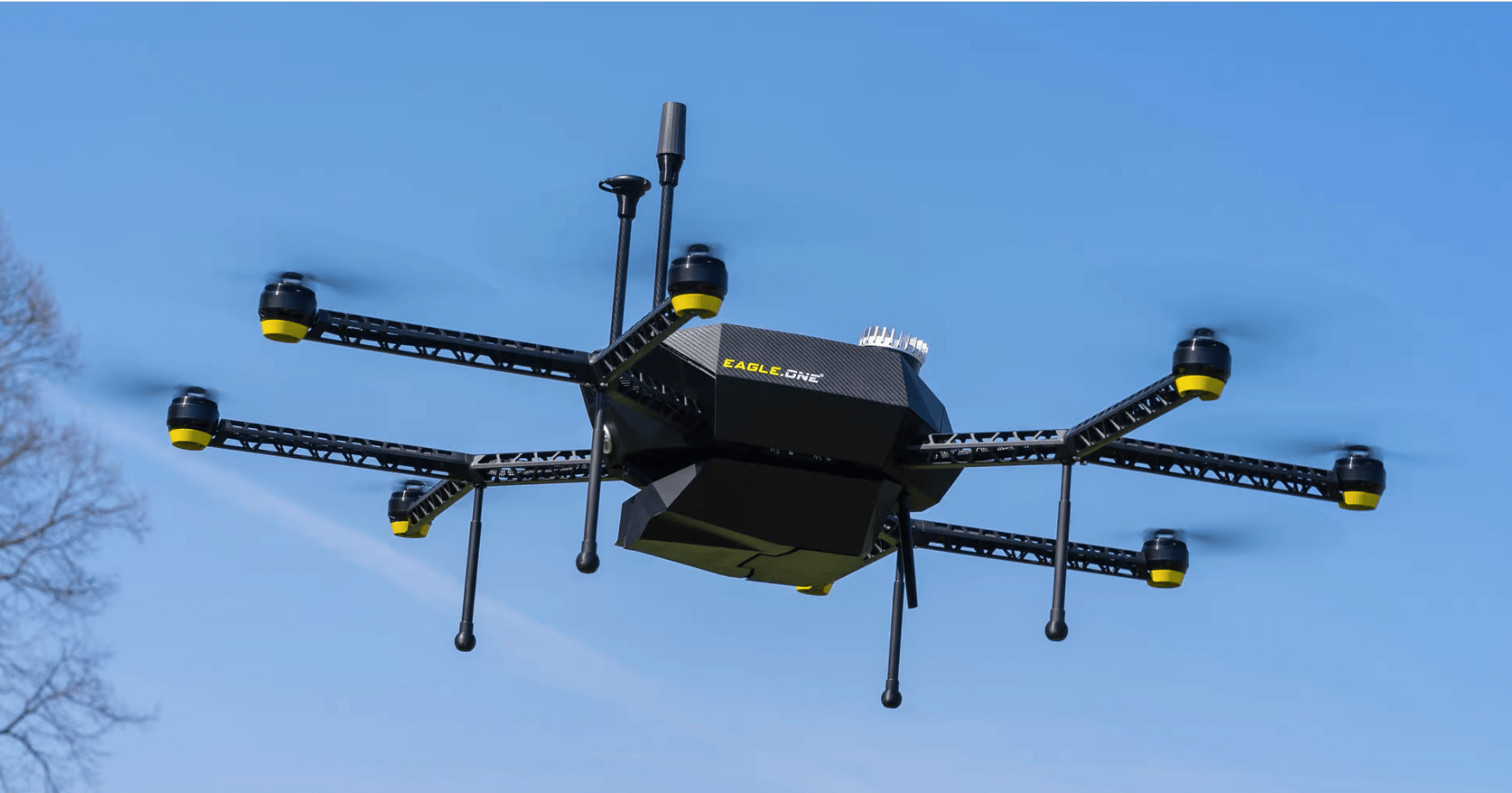 Eagle One is a dual boom octocopter for intercepting drones