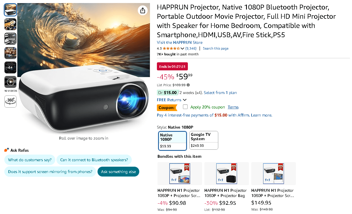 HAPPRUN Full HD 1080P Projector with Bluetooth 5.1 Save 45 on Amazon
