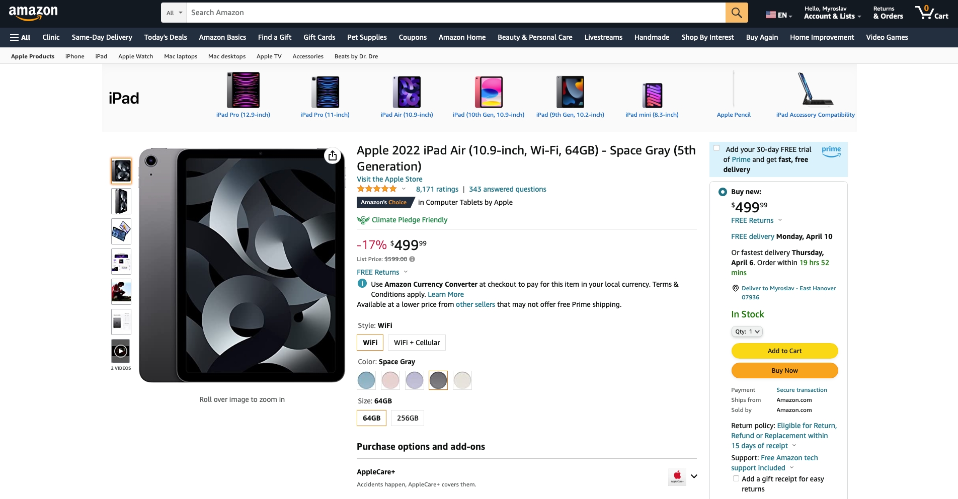 iPad Air on Amazon tablet with Retina display, Touch ID and M1 chip at