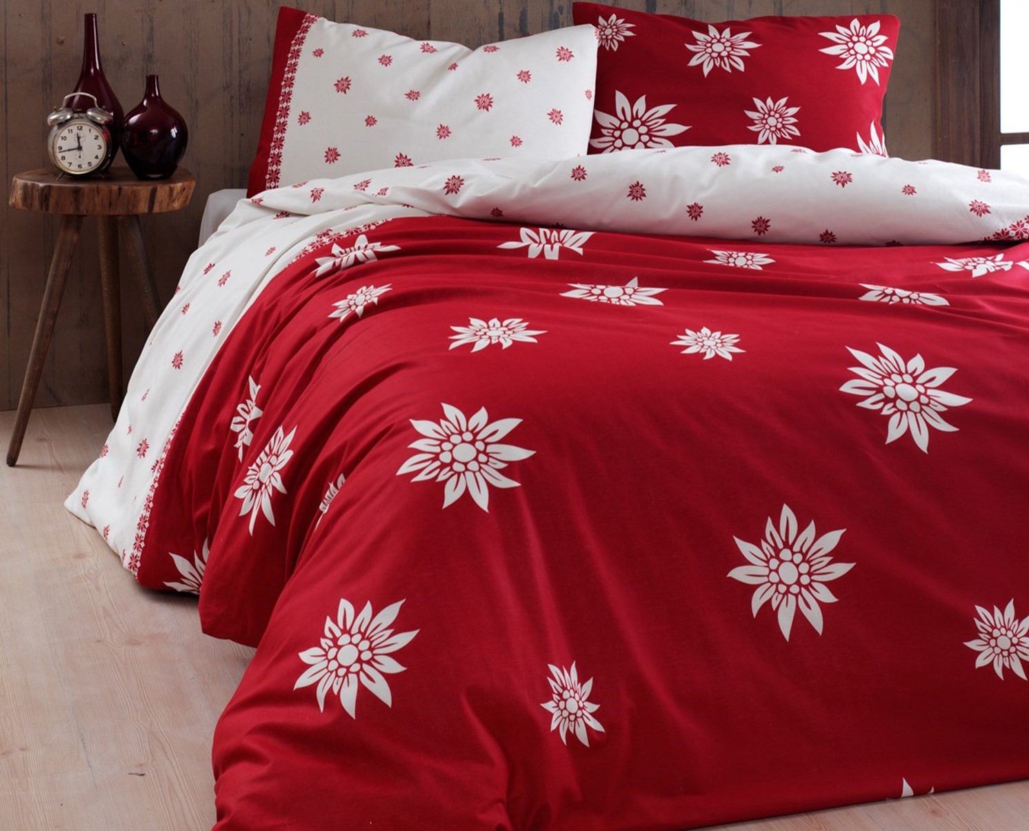 Bettwäsche mit Edelweiss, für Doppelbett und Einzelbett, bordeaux beige