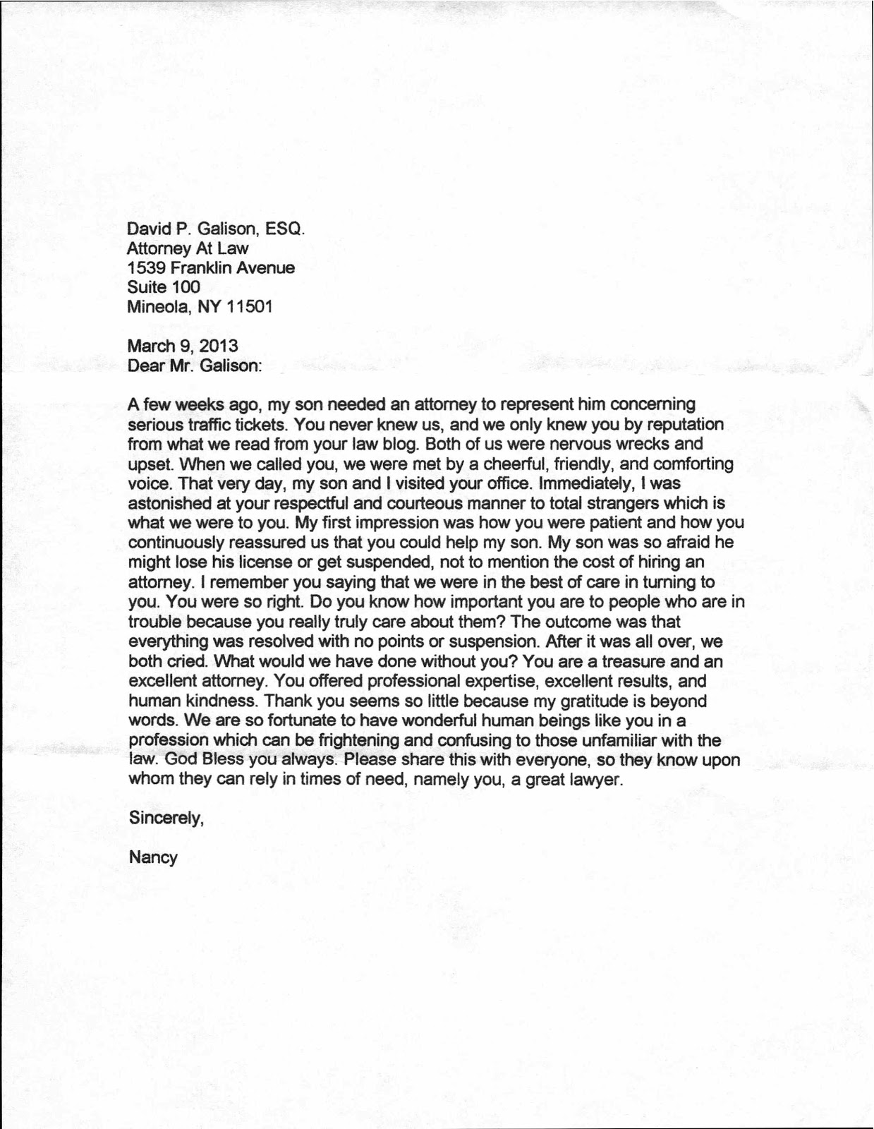 Traffic Ticket Testimonial Nassau County DWI Attorney Nassau County