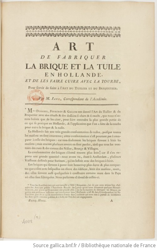 Art de fabriquer la brique et la tuile en Hollande et de les.