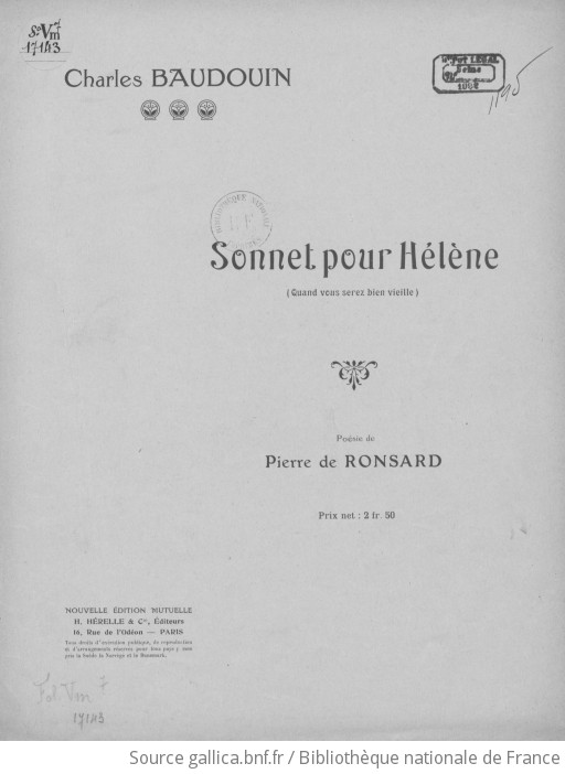pour Hélène (Quand vous serez bien vieille). Poésie