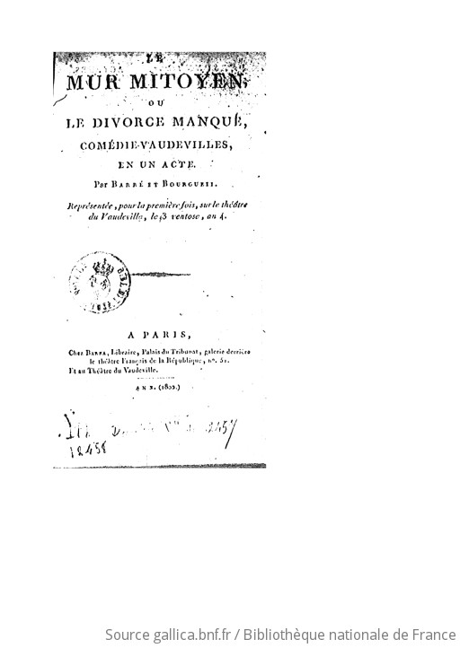 Le mur mitoyen, ou Le divorce manqué comédievaudevilles
