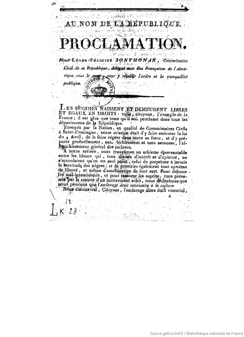 Au nom de la République. Proclamation. Nous LégerFélicité Sonthonax