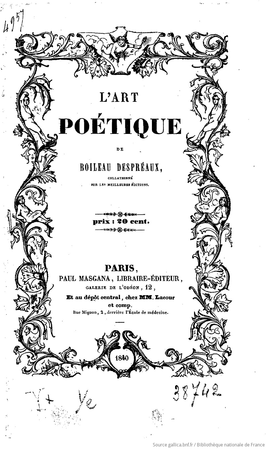 Notice bibliographique L'art poétique de M. Boileau Despréaux / Nicolas