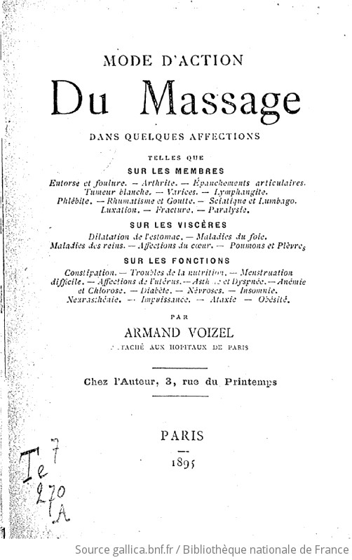 Mode d'action du massage dans quelques affections... / par Armand Voizel,... Gallica