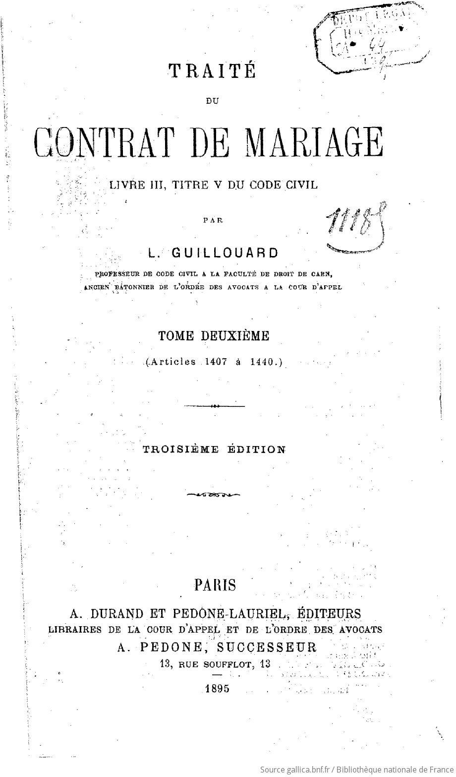 Traité du contrat de mariage, livre III, titre V du Code