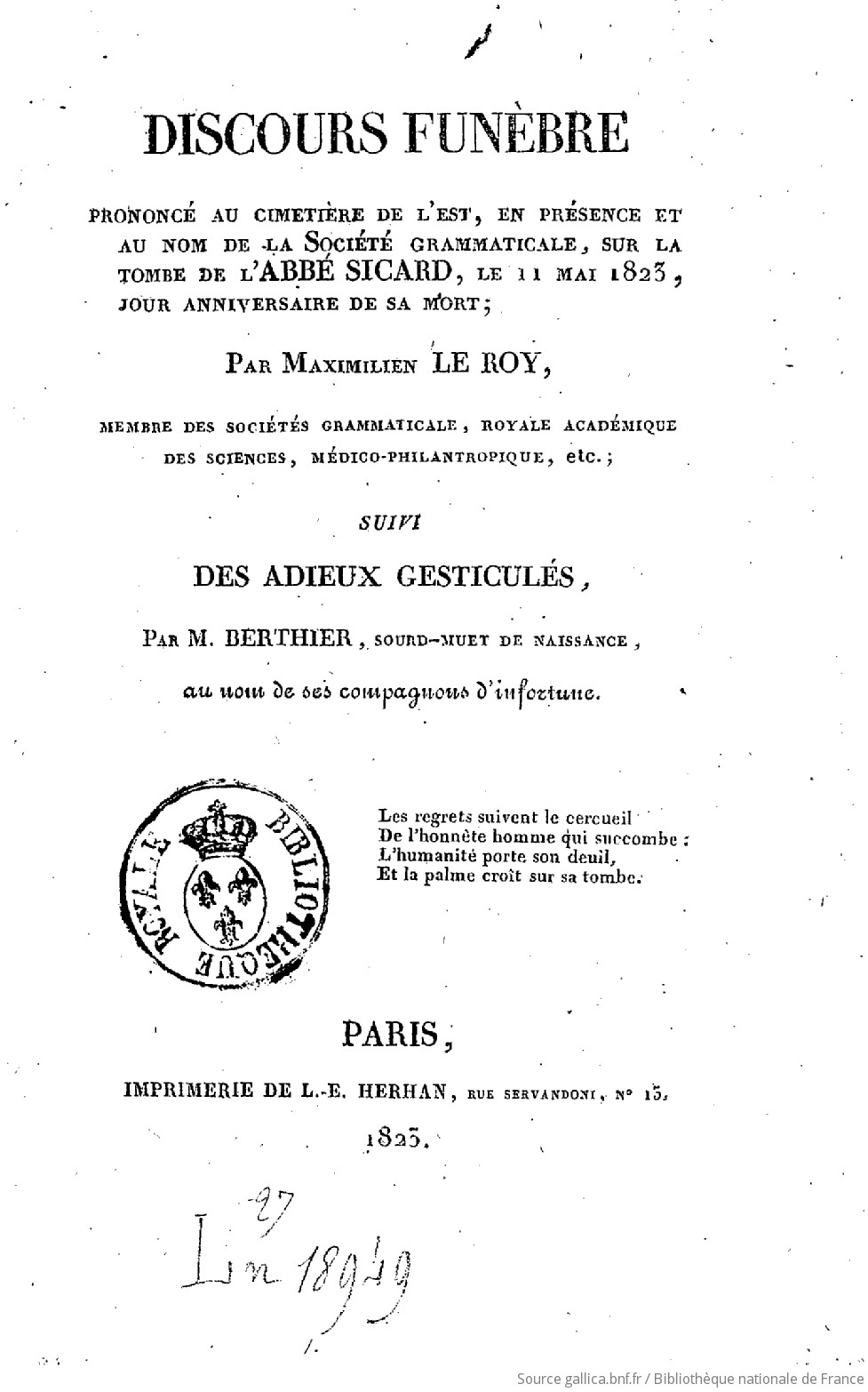 Discours funèbre prononcé au cimetière de l'Est, en présence et au nom
