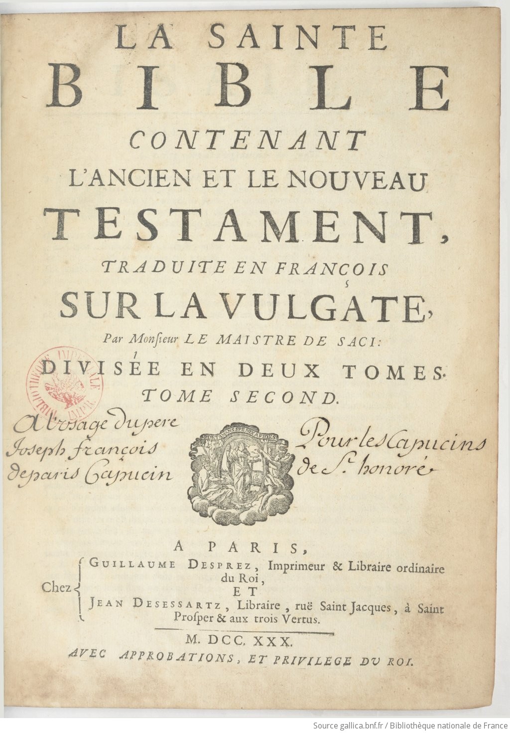 Notice bibliographique La Sainte Bible contenant l'Ancien et le Nouveau