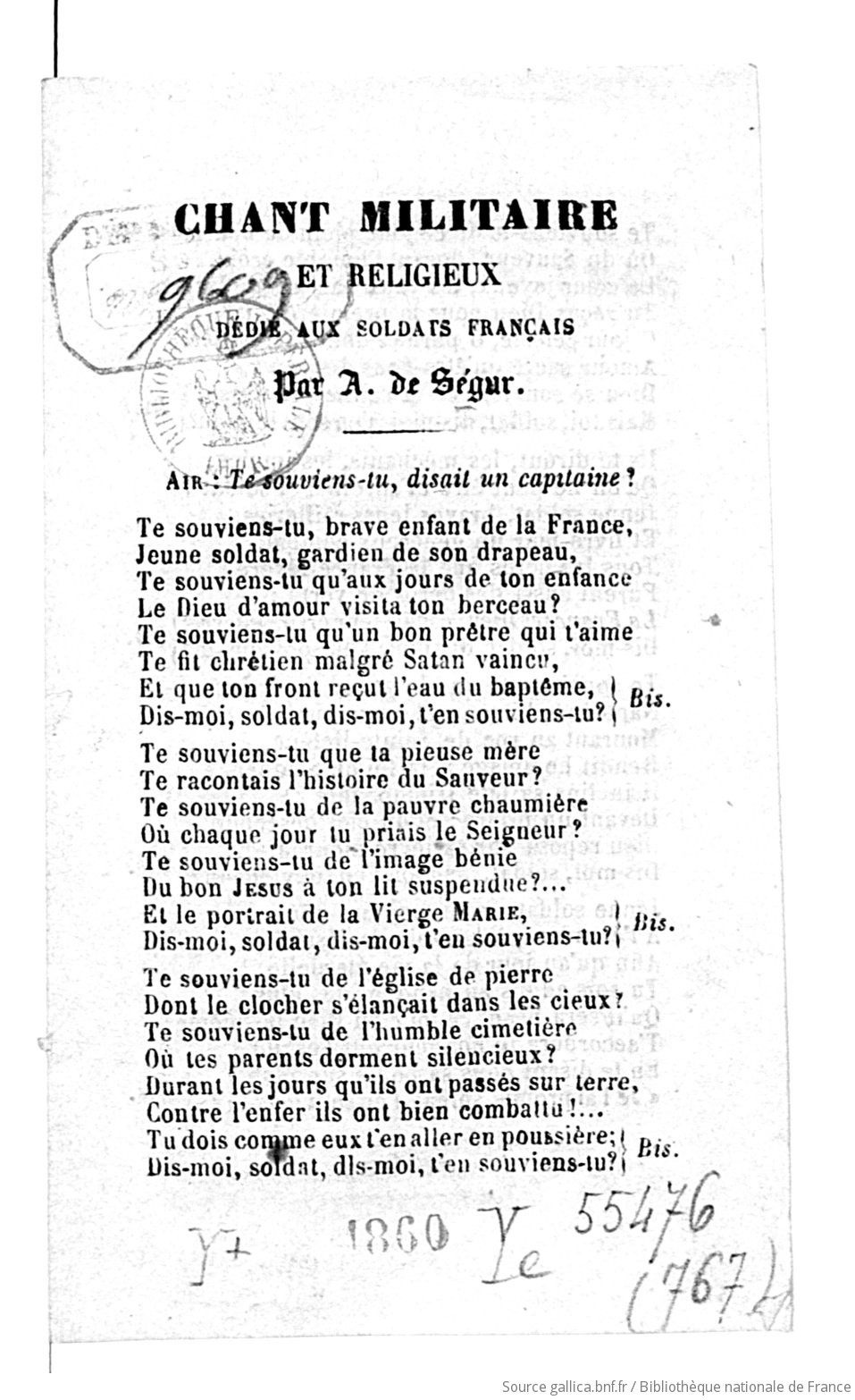 Chant militaire et religieux dédié aux soldats français, par A. de Ségur