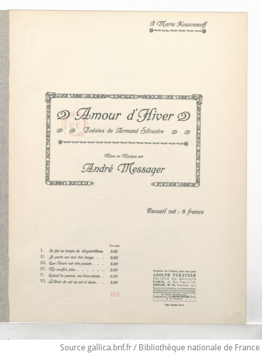 Amour d'hiver, poésies de Armand Silvestre, mises en musique par André