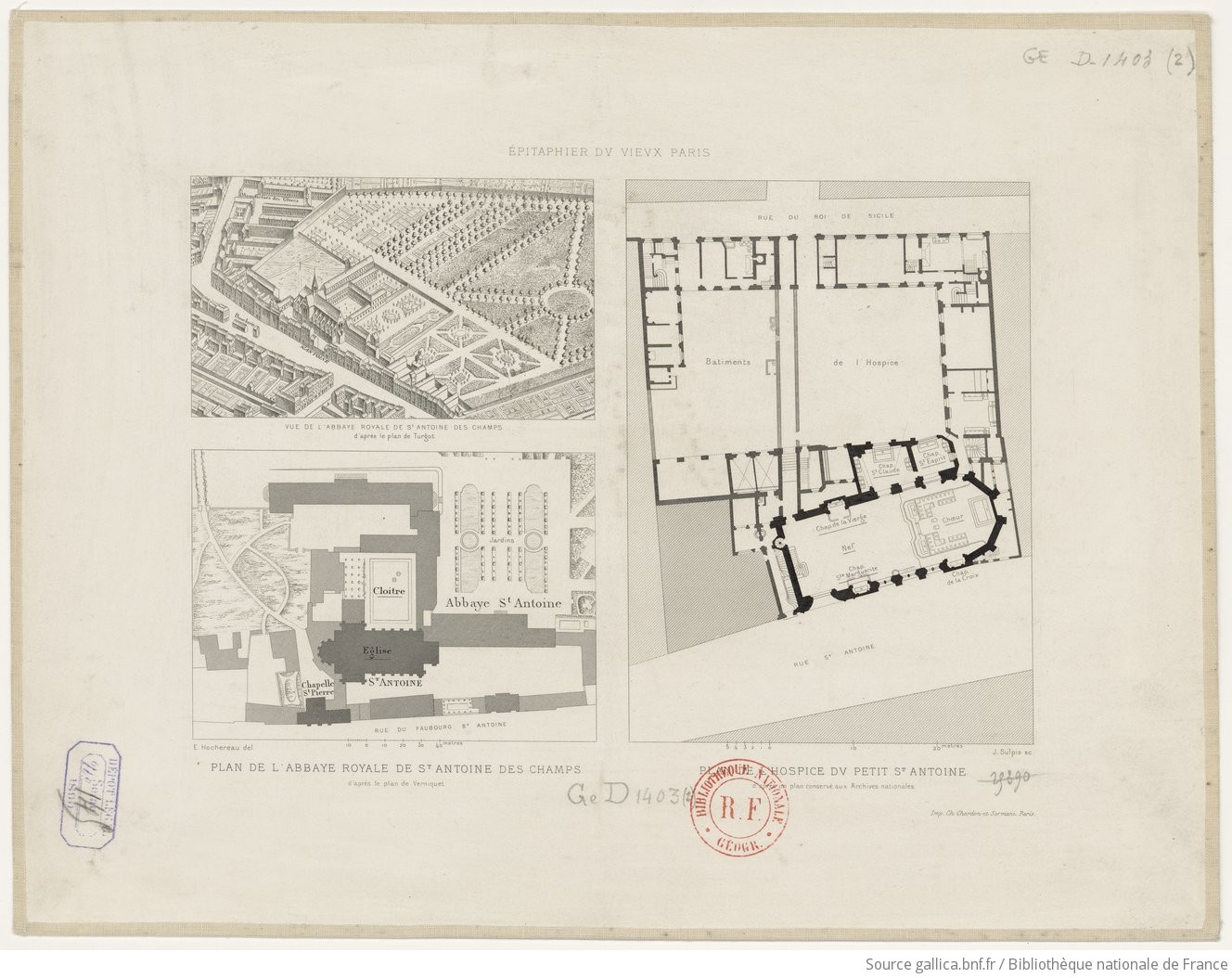 Vue de l'abbaye royale St Antoine des Champs d'après le plan de Turgot ; Plan de l'abbaye royale