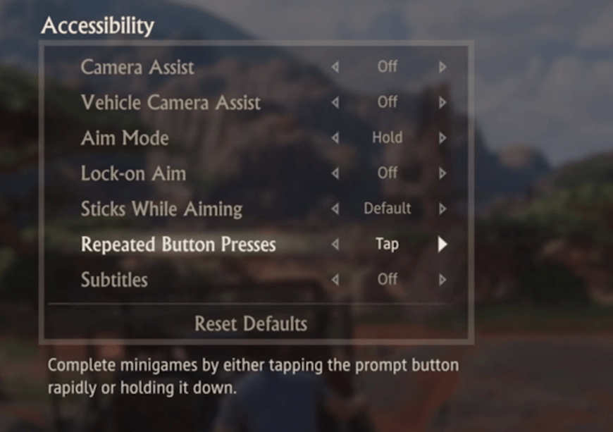 Game accessibility guidelines Uncharted 4 accessibility settings