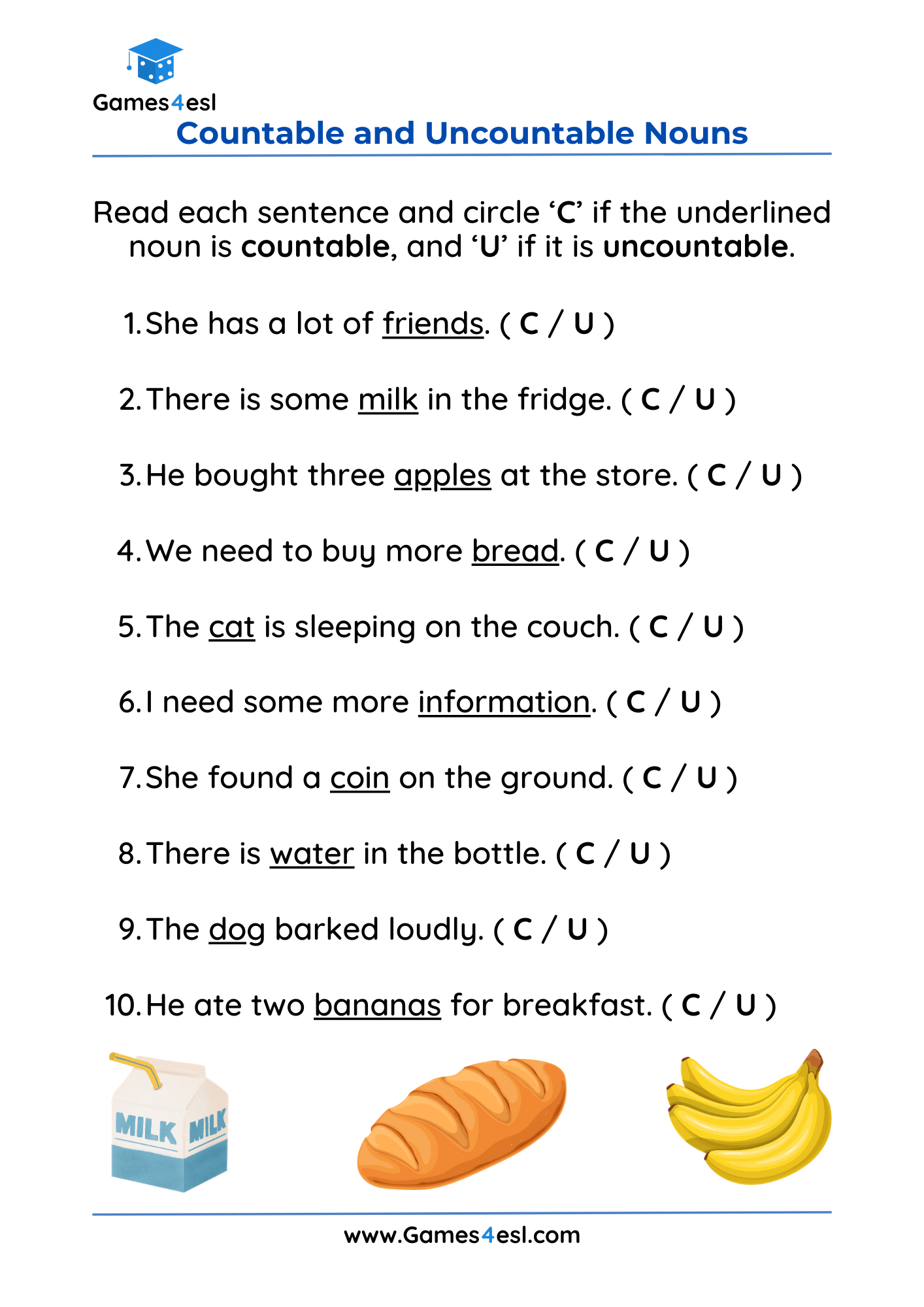 Countable And Uncountable Noun Worksheets For Grade 3 | Games4esl