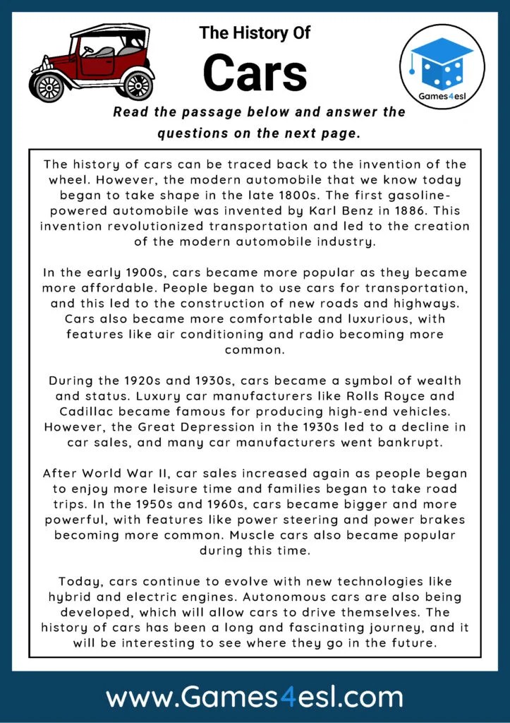 Cars Reading Comprehension Worksheet Games4esl