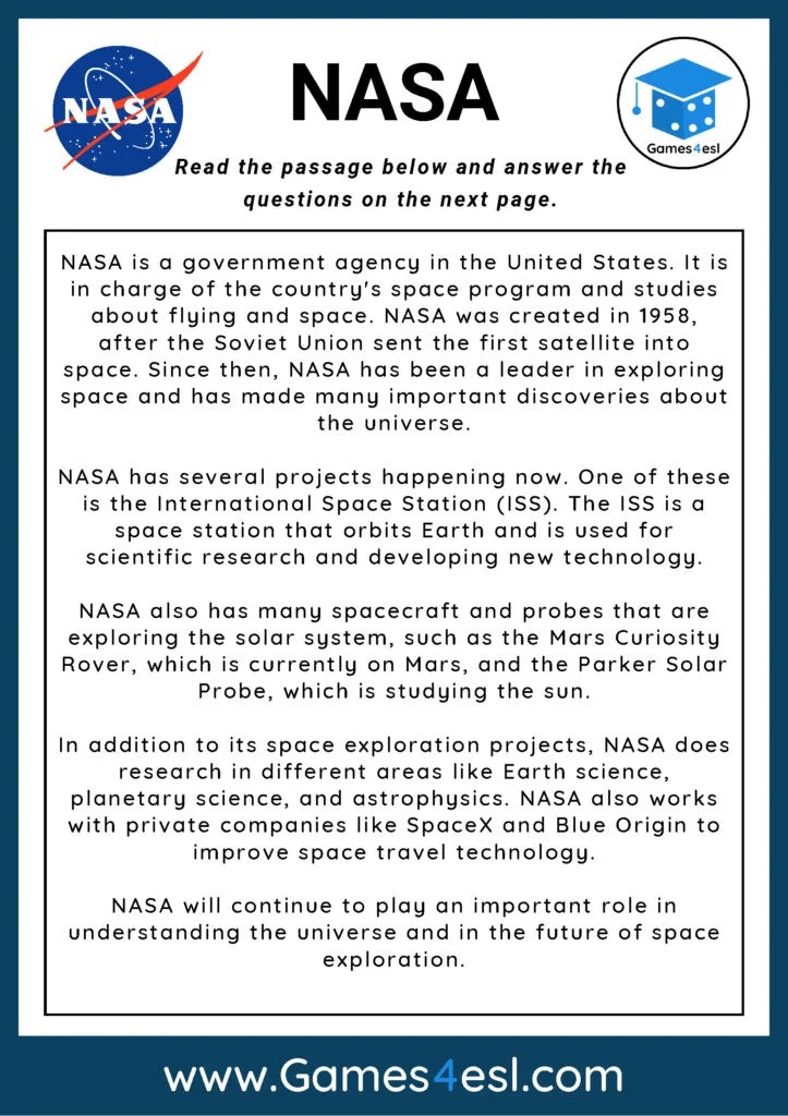 NASA Reading Comprehension Worksheet Games4esl