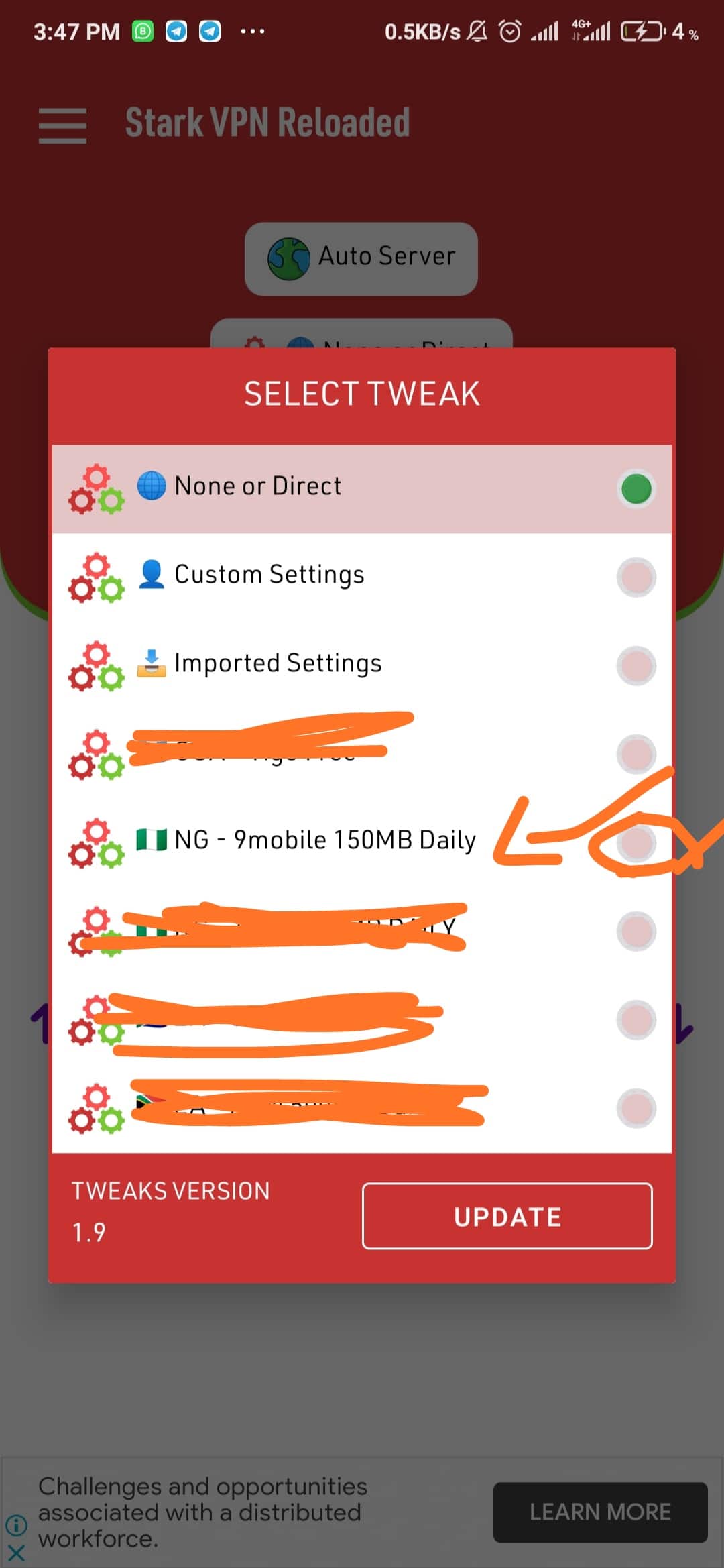 9mobile 150 300MB Daily Free Browsing cheat 2021 settings on stark VPN