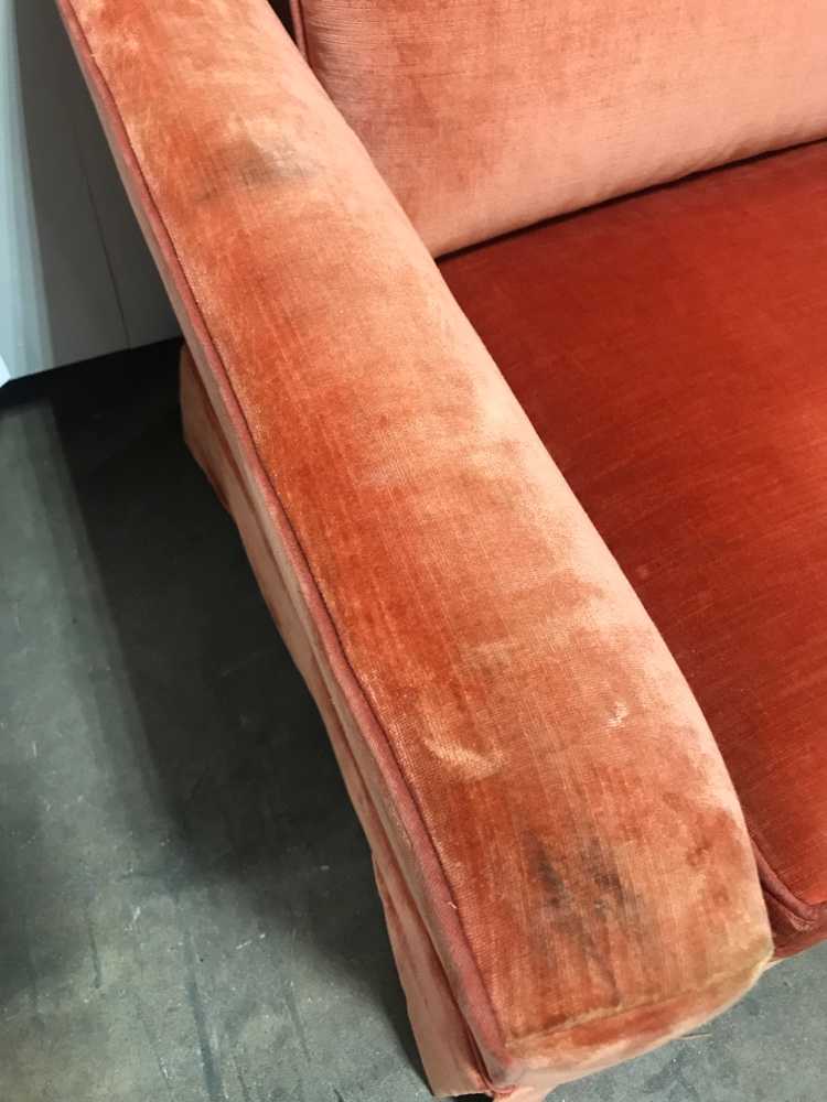 VELVET SALMON SOFA, VINTAGE GA Prop Source