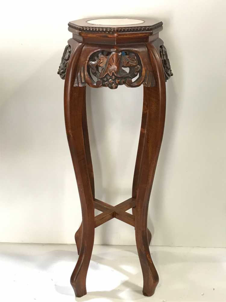 VINTAGE PEDESTAL, PLANT STAND, WOOD AND MARBLE GA Prop Source