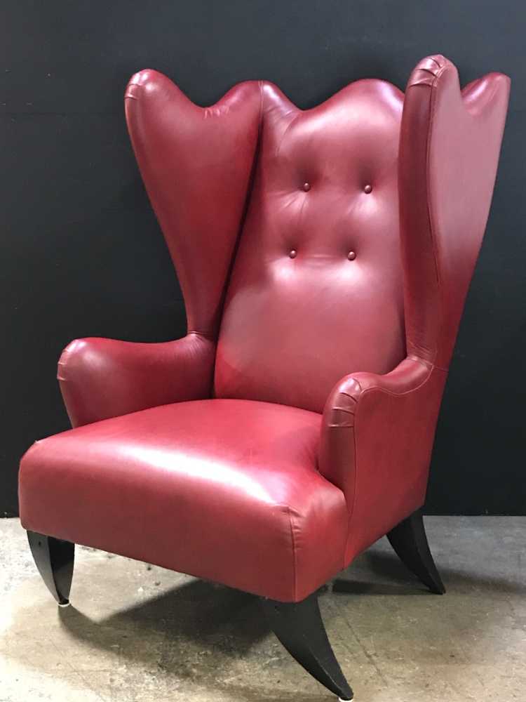 VINTAGE RED VINYL WINGBACK CHAIR, MID CENTURY MODERN, MIDCENTURY MODERN