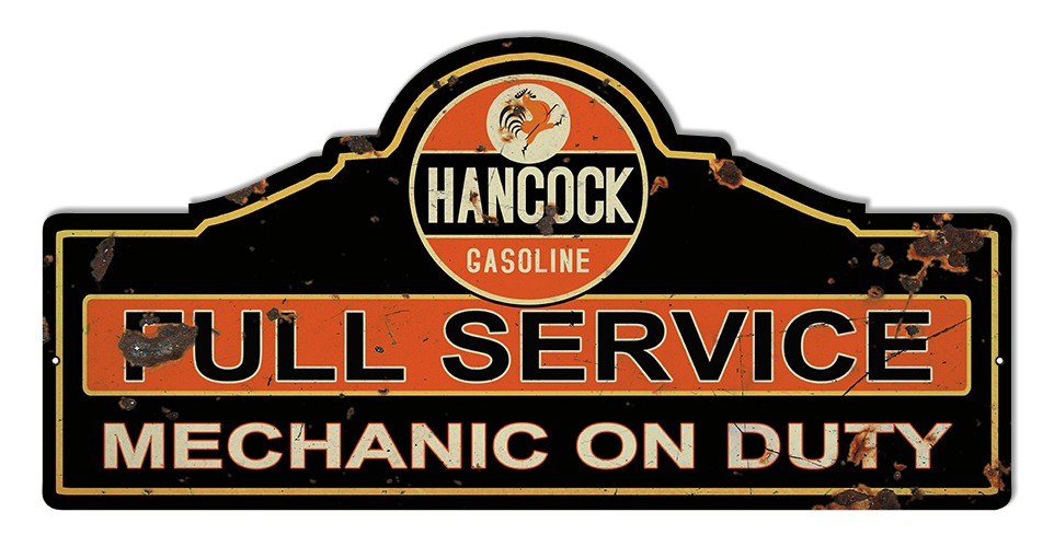 Distressed Hancock Service Station Cut Out Reproduction Sign 23x11.1/4
