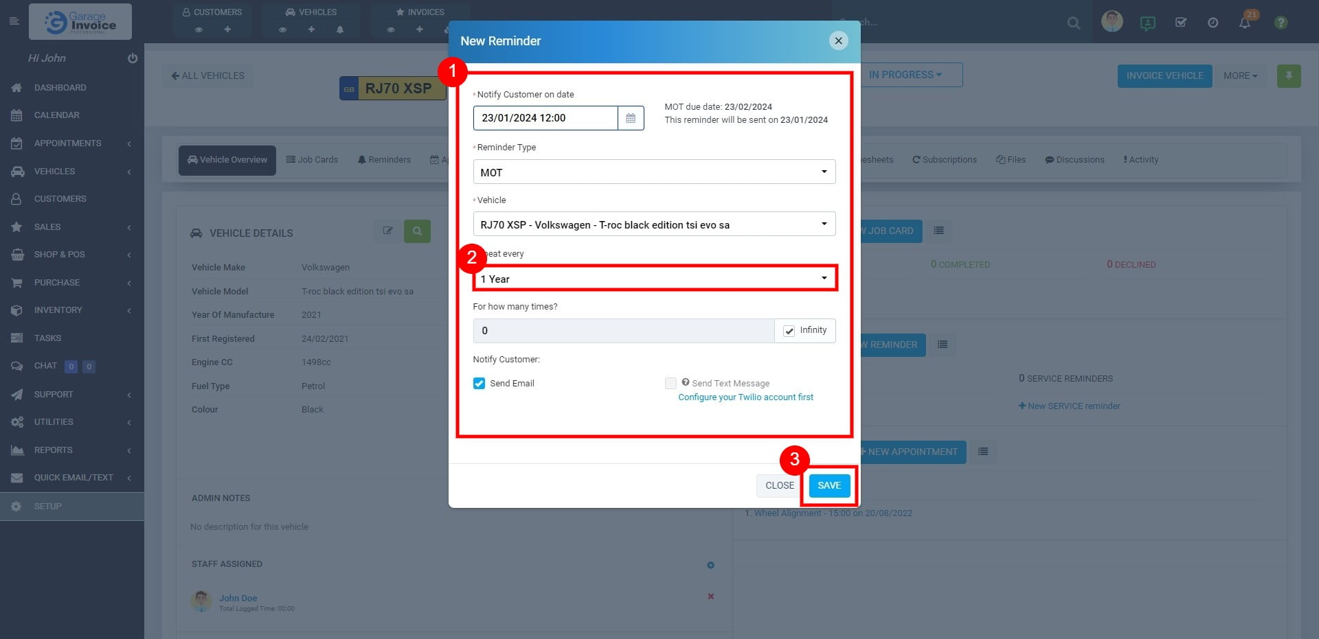 Create Recurring Reminder (e.g. every year) Garage Invoice
