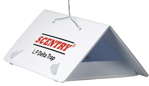 A close up of a Scentry LP Delta Trap for insect management on a white background.
