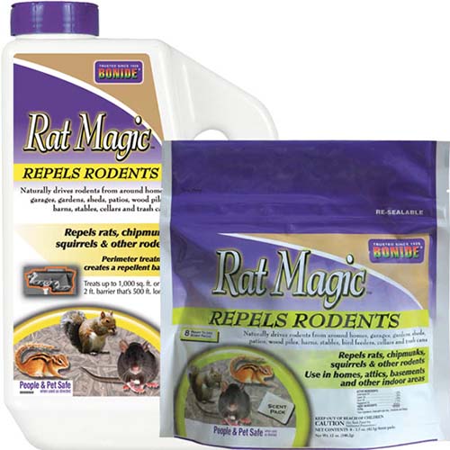 A close up square image of the packaging of Rat Magic, a rodent repellent pictured on a white background.